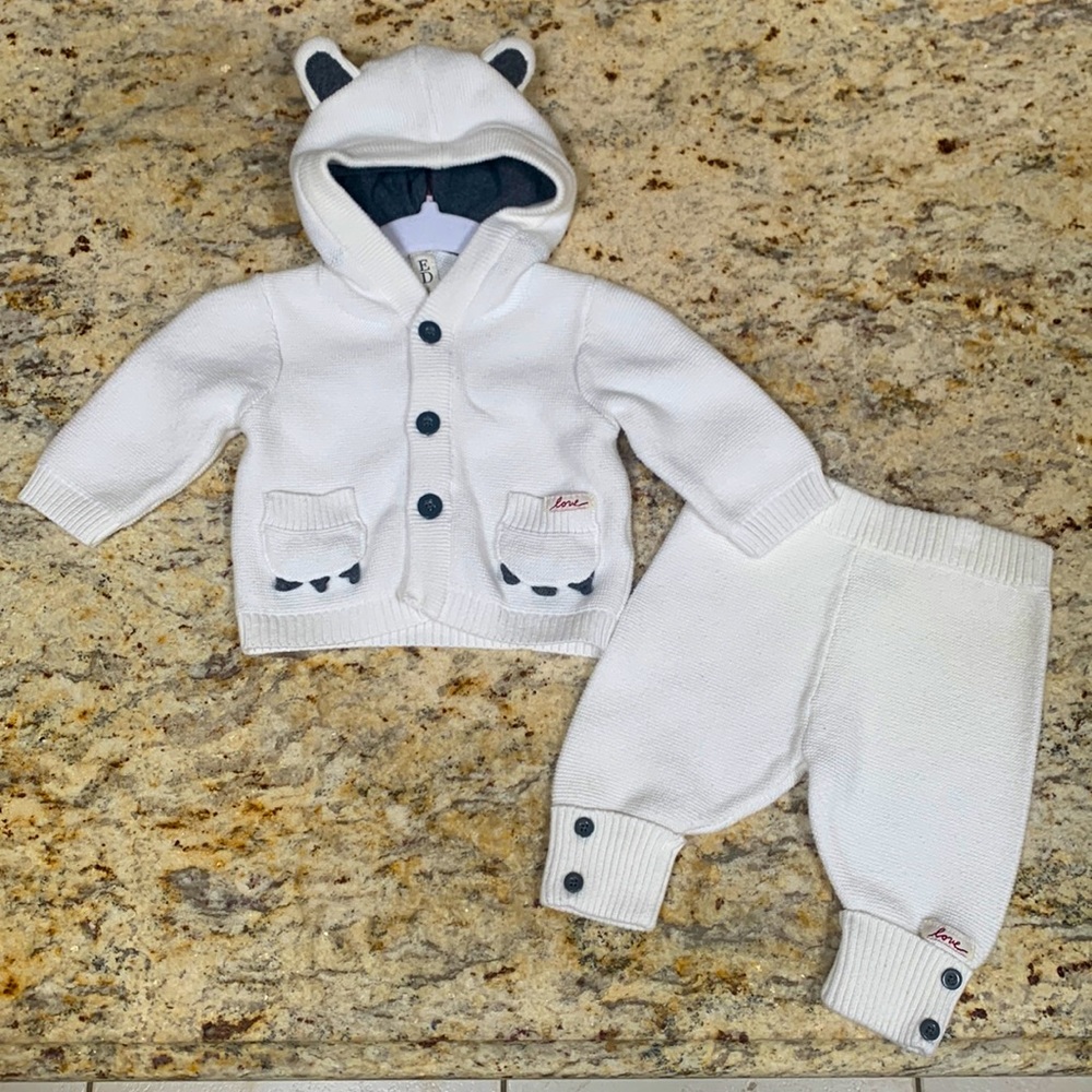 ED by Ellen DeGeneres White Knit Matching Button Down Bear Hoodie Set Sz NB